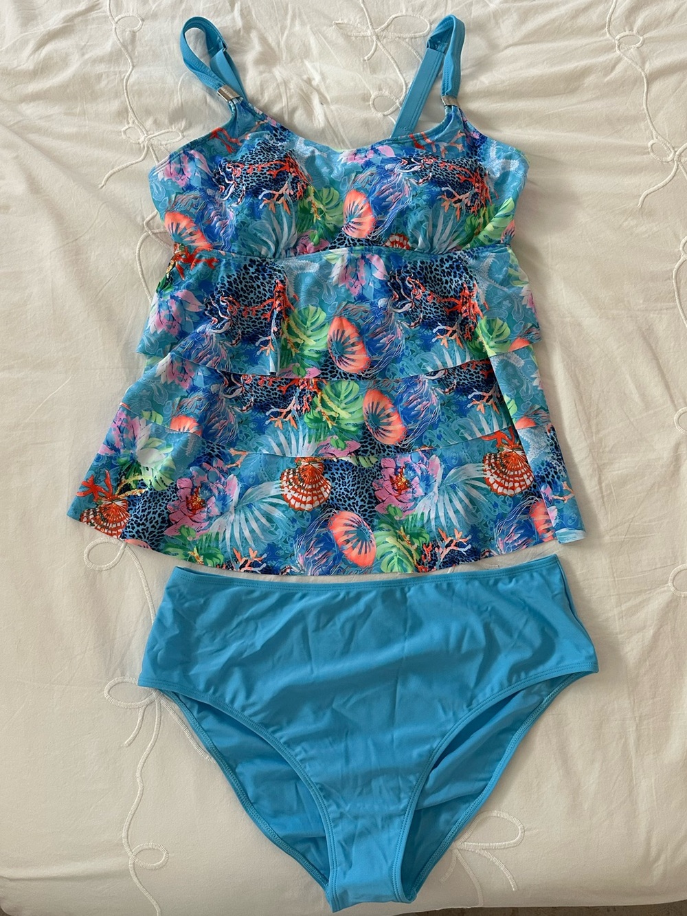 Bright Blue Tiered Ruffled Tankini Swim Set with Tropical Print Top